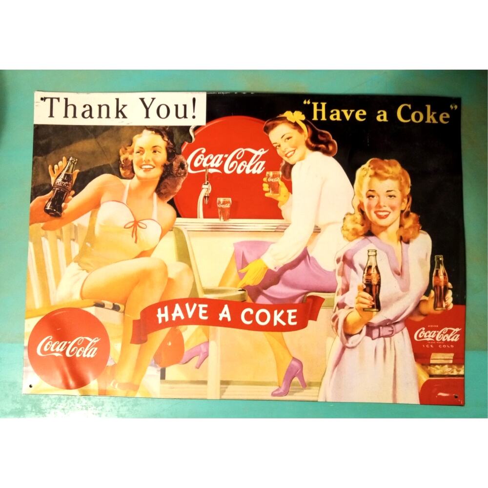 Vintage 1990s Coca Cola Tin Sign Thank You Have A Coke Litho JV Reed Retro Style